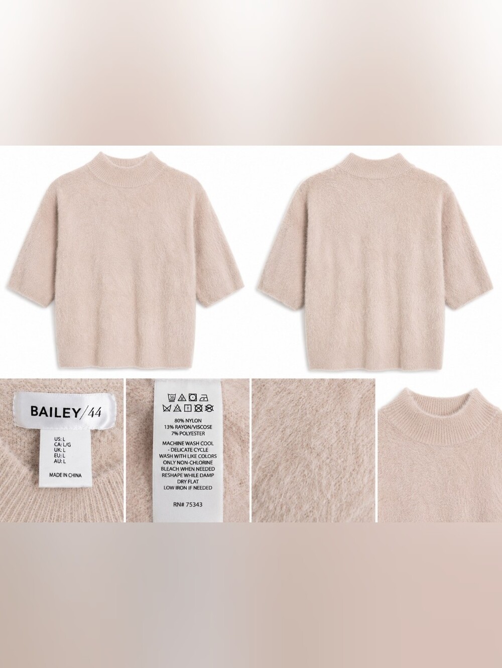 Bailey 44 Womens L Fuzzy Mock Neck Sweater Short Sleeve Soft Knit Blush Pink.